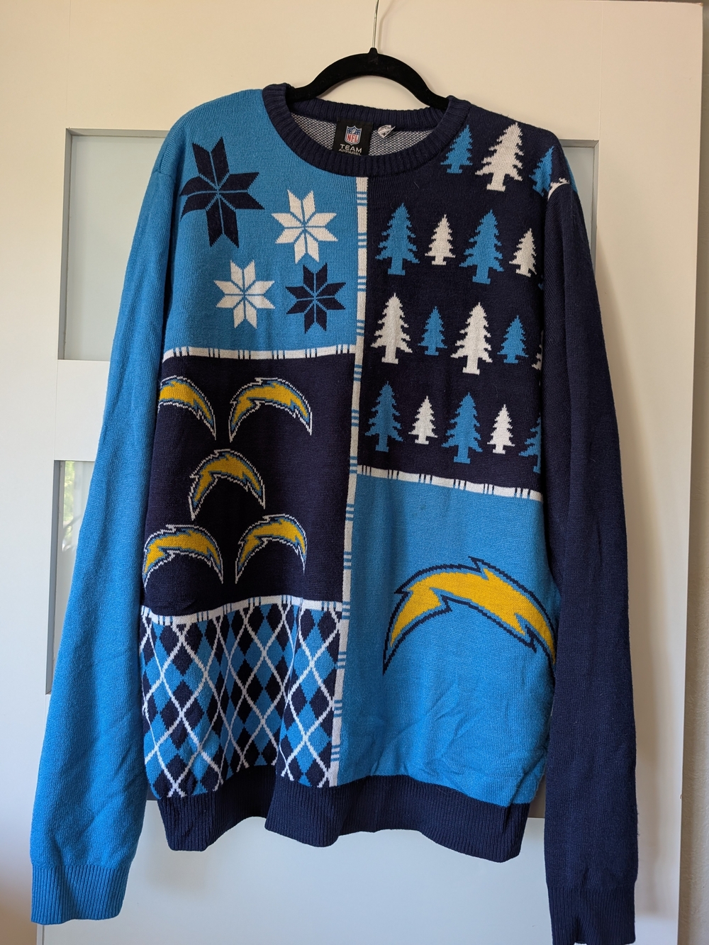 Men's NFL Los Angeles Chargers Patchwork Holiday Sweater - Blue/Navy